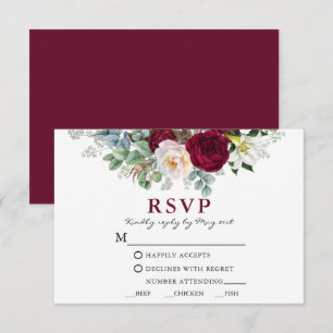 Watercolor Burgundy Floral Greenery Meal RSVP Card