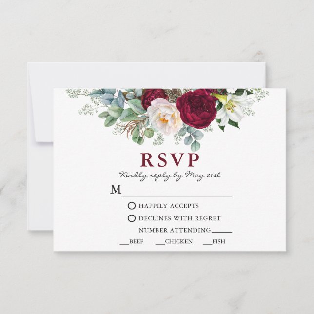 Watercolor Burgundy Floral Greenery Meal W RSVP Card (Front)