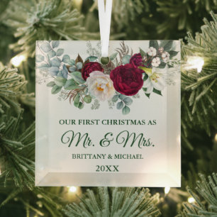 Watercolor Burgundy Floral Greenery Mr. and Mrs. Glass Ornament