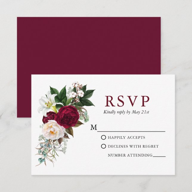 Watercolor Burgundy Floral Greenery RSVP Card (Front/Back)