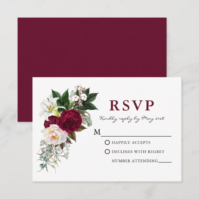 Watercolor Burgundy Floral Greenery RSVP Card (Front/Back)