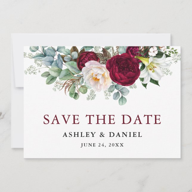 Watercolor Burgundy Floral Greenery Save The Date (Front)