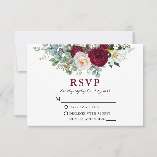 Watercolor Burgundy Floral Greenery W RSVP Card (Front)