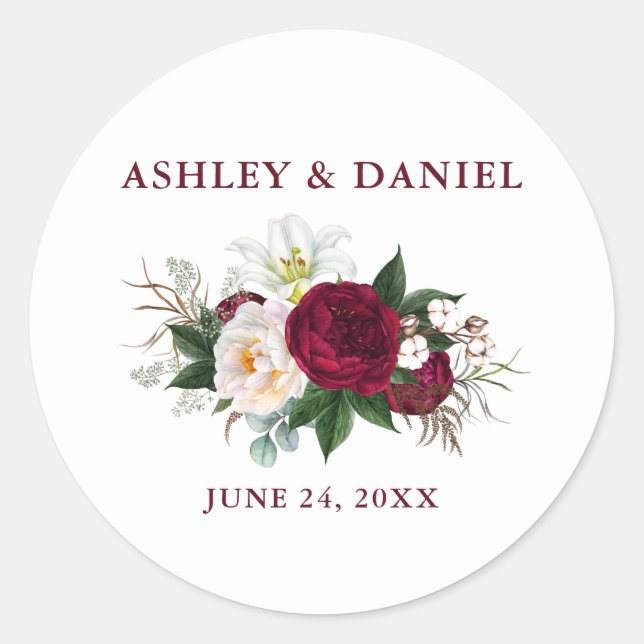 Watercolor Burgundy Floral Greenery Wedding Classic Round Sticker (Front)