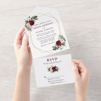 Watercolor Burgundy Floral Greenery Wedding Geo All In One Invitation
