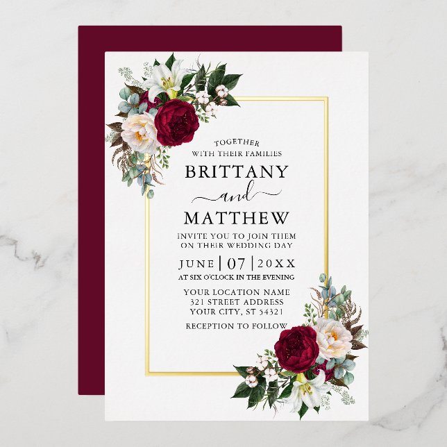Watercolor Burgundy Floral Greenery Wedding Gold (Front/Back)