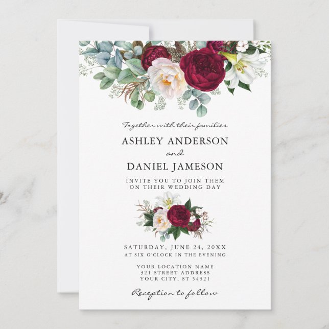 Watercolor Burgundy Floral Greenery Wedding W Invitation (Front)