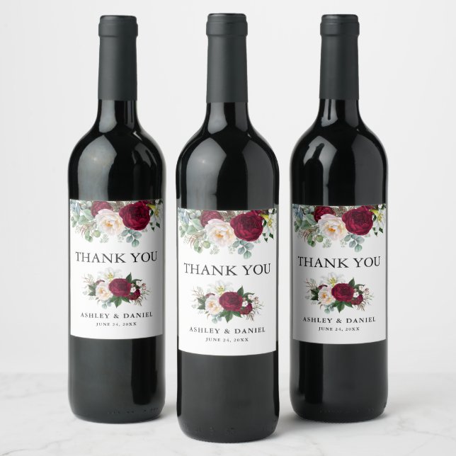 Watercolor Burgundy Floral Greenery Wedding Wine Label (Bottles)