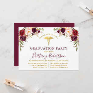 Watercolor Burgundy Floral Medical Grad Party Invitation