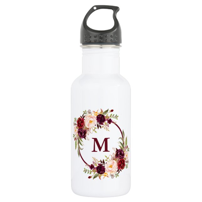 Watercolor Burgundy Floral Monogram 532 Ml Water Bottle (Front)