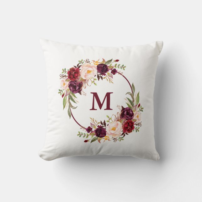 Watercolor Burgundy Floral Monogram Throw Pillow (Front)