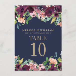 Watercolor Burgundy Floral Navy Wedding Menu