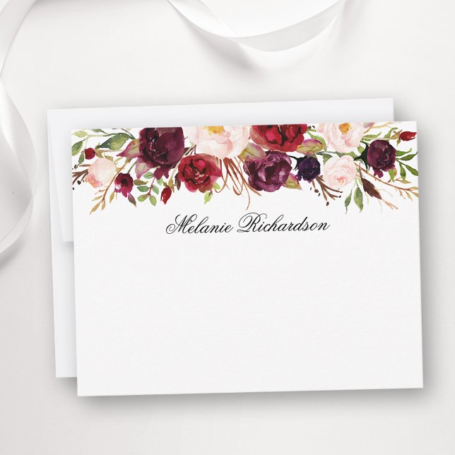 Watercolor Burgundy Floral Personalized Card (Customize to change text color,  text style or to add more text to back of card.)
