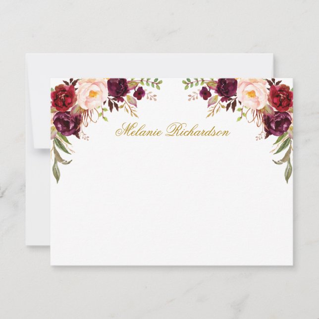Watercolor Burgundy Floral Personalized Gold Card (Front)