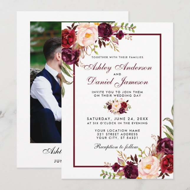 Watercolor Burgundy Floral Photo Back Wedding Invitation (Front/Back)