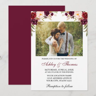 Watercolor Burgundy Floral Photo Wedding Invitation