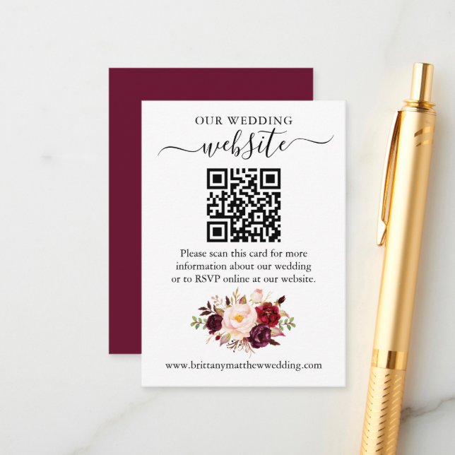 Watercolor Burgundy Floral QR Wedding Website Enclosure Card (Front/Back In Situ)