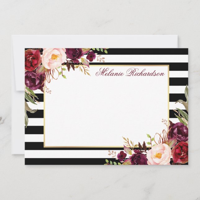 Watercolor Burgundy Floral Striped Elegant Card (Front)