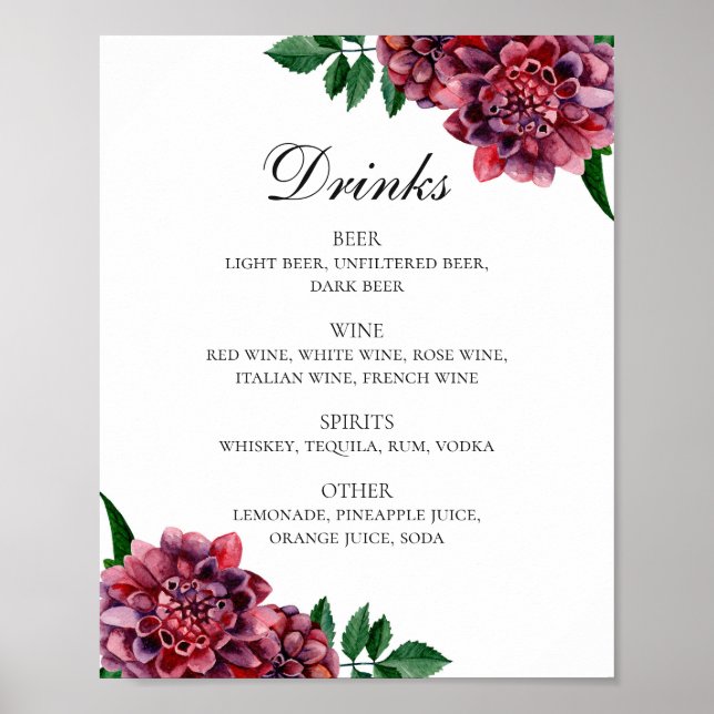 Watercolor burgundy floral wedding drinks bar menu poster (Front)