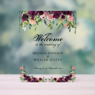 Watercolor Burgundy Floral Wedding Welcome Acrylic Sign
