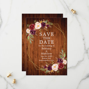 Watercolor Burgundy Floral Wood Gold Geo Frame Save The Date