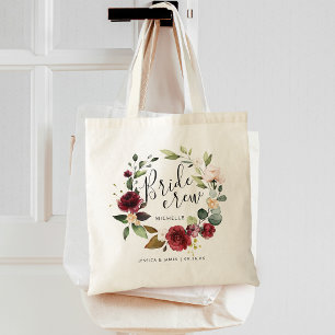 Watercolor Burgundy Floral Wreath Bride Crew Name Tote Bag