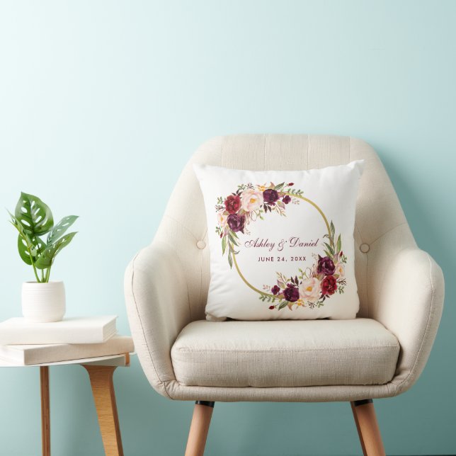 Watercolor Burgundy Floral Wreath Gold Wedding Throw Pillow (Chair)