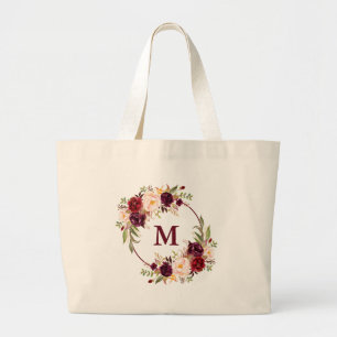 Watercolor Burgundy Floral Wreath Monogram Large Tote Bag