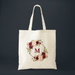 Watercolor Burgundy Floral Wreath Monogram Tote Bag<br><div class="desc">Watercolor Burgundy Marsala Floral Wreath Monogram Tote Bag</div>