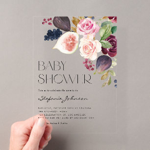Watercolor Burgundy Flower and Fig Baby Shower Acrylic Invitations