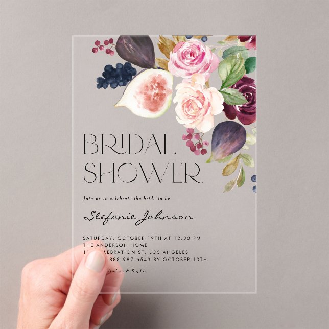 Watercolor Burgundy Flower and Fig Bridal Shower Acrylic Invitations (Insitu (Handheld))