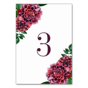 Watercolor burgundy flowers. Dahlias wedding Table Number