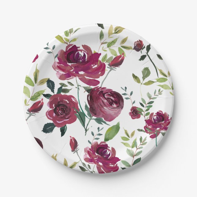 Watercolor Burgundy Flowers | Floral Pattern Paper Plate (Front)