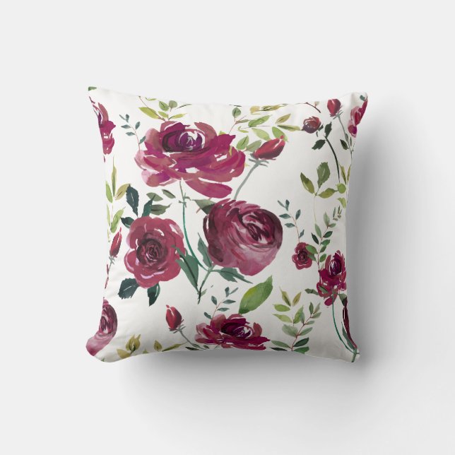 Watercolor Burgundy Flowers | Floral Pattern Throw Pillow (Front)