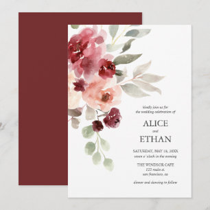Watercolor Burgundy Flowers Modern Wedding Invitation