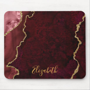Watercolor Burgundy Gold Marble Agate Geode Mouse Pad
