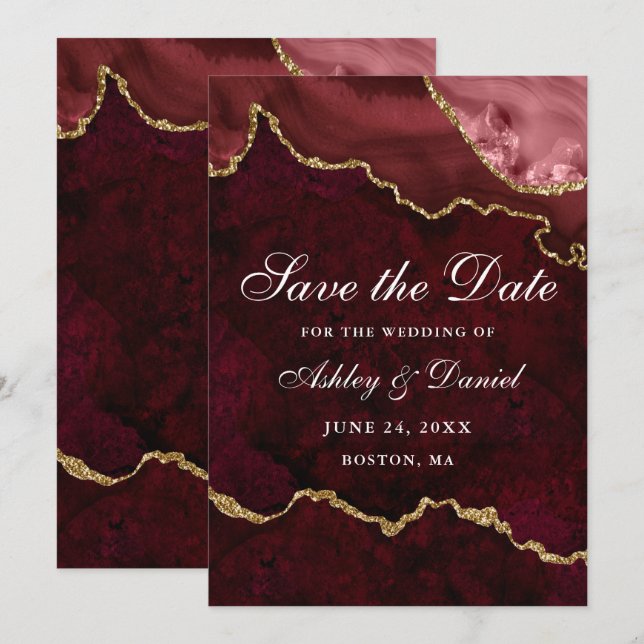 Watercolor Burgundy Gold Marble Agate Geode Save The Date (Front/Back)