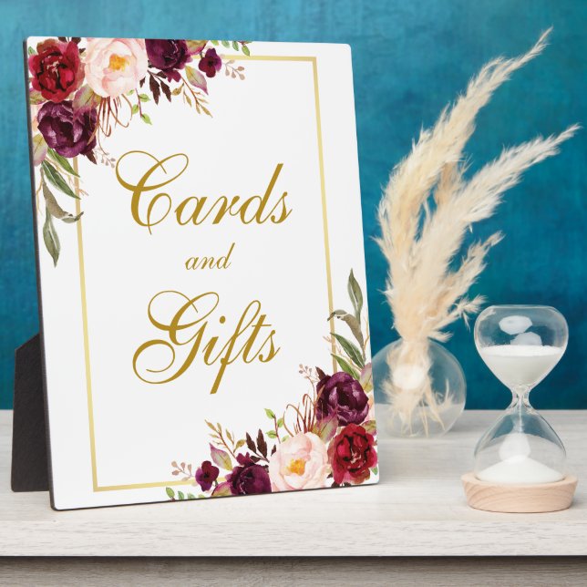 Watercolor Burgundy Gold Wedding Cards Gifts Plaque (Side)