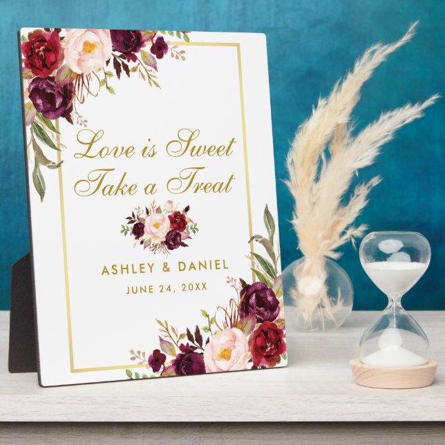 Watercolor Burgundy Gold Wedding Treats Plaque (Side)