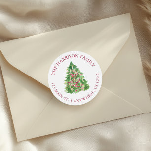 Watercolor Burgundy & Green Christmas Tree Address Classic Round Sticker