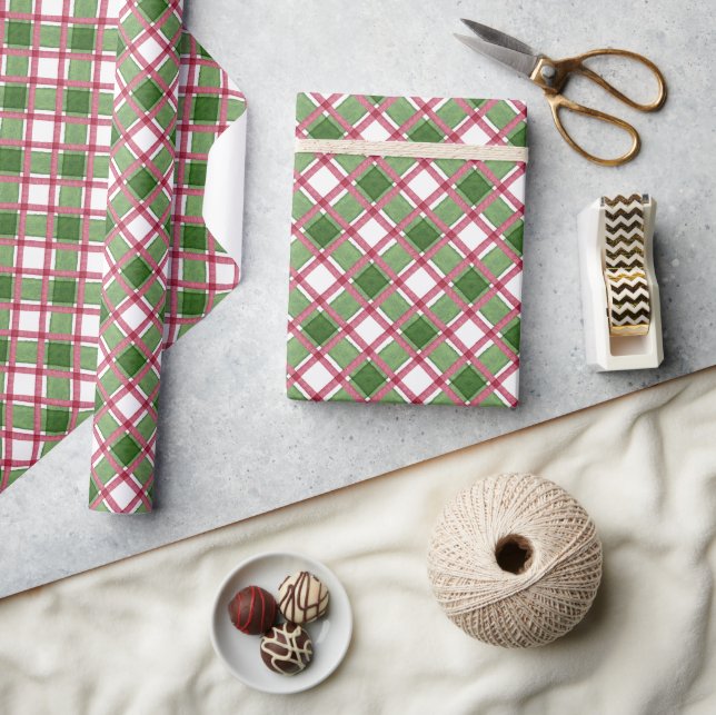 Watercolor Burgundy & Green Plaid Christmas Wrapping Paper (Crafts)