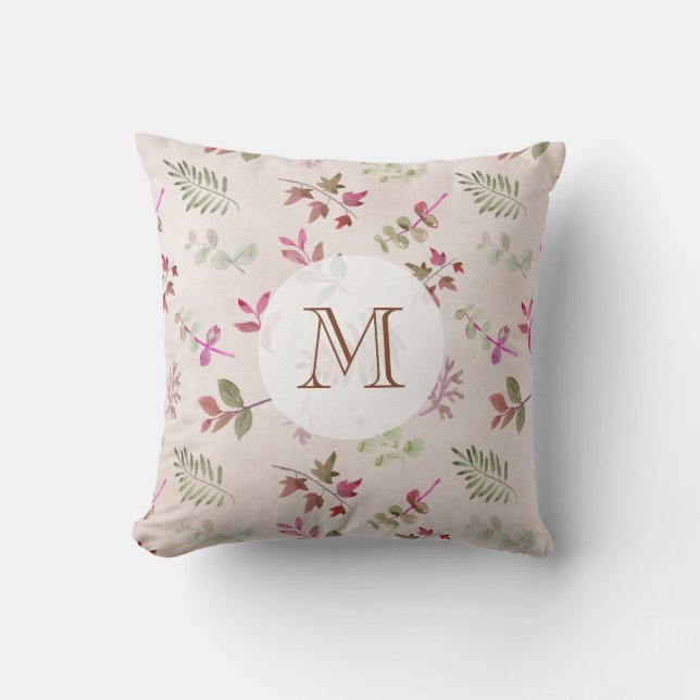 Watercolor Burgundy Leaves & Foliage Monogram Throw Pillow (Front)