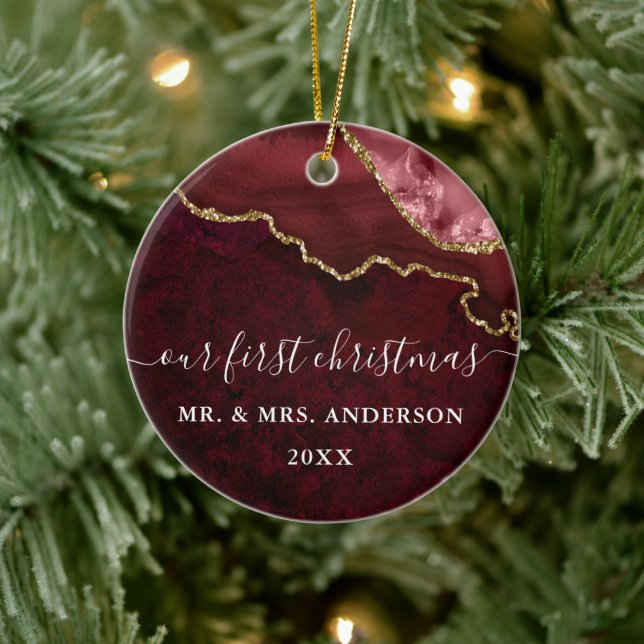Watercolor Burgundy Marble Agate Geode Wedding Ceramic Ornament (Tree)