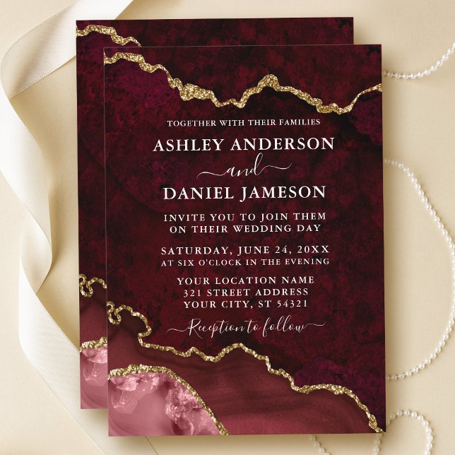 Watercolor Burgundy Marble Agate Geode Wedding Invitation (Customize to change text size or text style.)