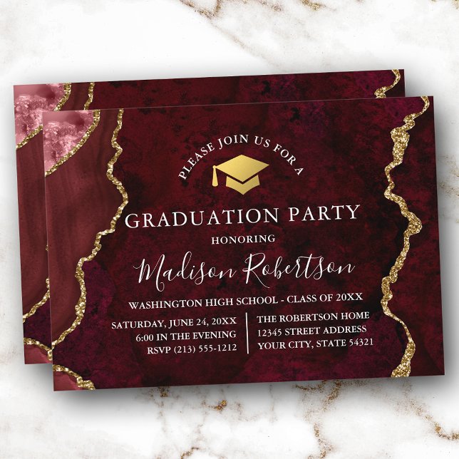 Watercolor Burgundy Marble Gold Cap Grad Party Invitation (Customize to add text or a photo to back of card.)