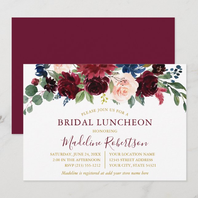 Watercolor Burgundy Mixed Floral Bridal Lunch Gold Invitation (Front/Back)