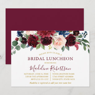 Watercolor Burgundy Mixed Floral Bridal Lunch Gold Invitation