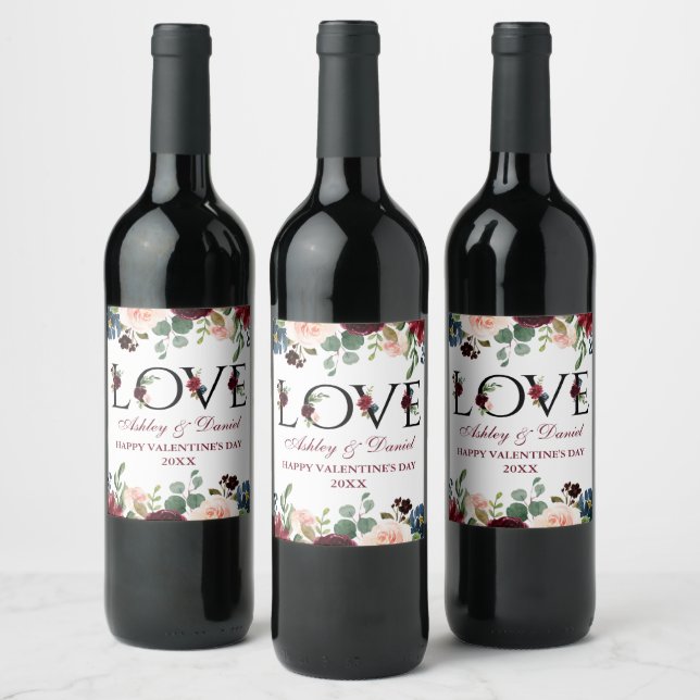 Watercolor Burgundy Mixed Floral Love Valentine's Wine Label (Bottles)