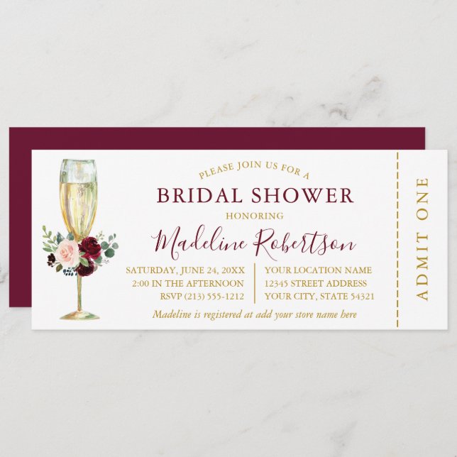 Watercolor Burgundy Mixed Floral Shower Ticket Invitation (Front/Back)