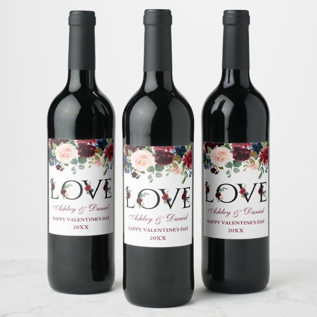 Watercolor Burgundy Mixed Floral Valentine's Love Wine Label (Bottles)